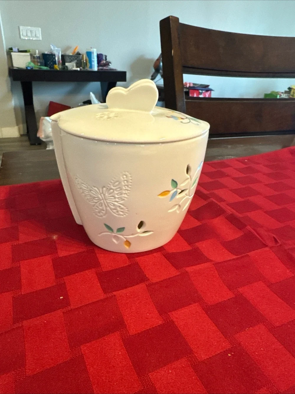 Croscill butterfly Top Ceramic Canister with Bird Motif - White & Red